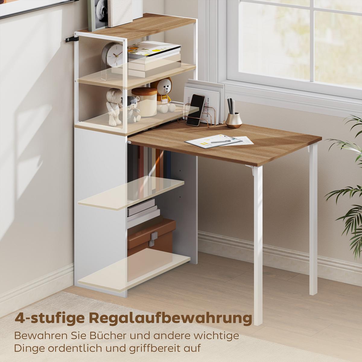 SCHREIBTISCH klappbar mit Regal Naturholz 105 x 60 x 127 cm - Naturfarben/Weiß, Holzwerkstoff/Metall (105/60/127cm) - HOMCOM
