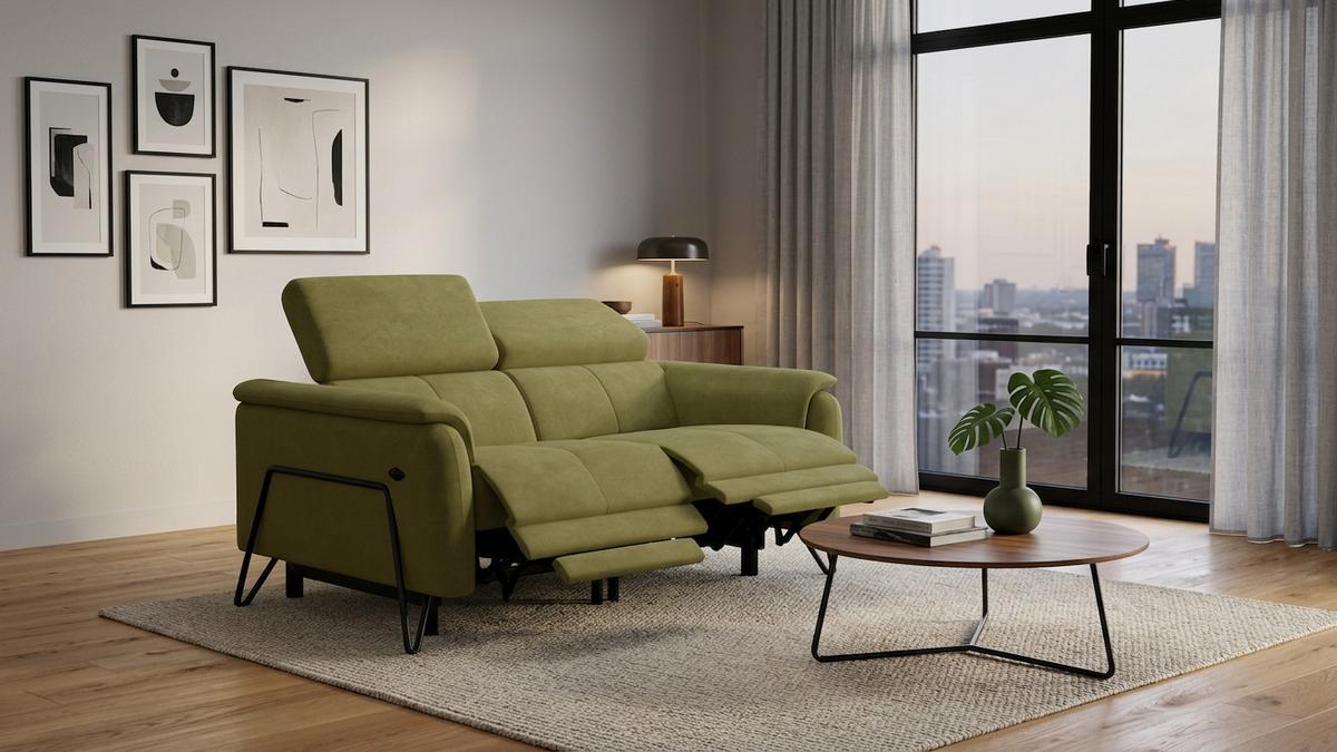 RELAXSOFA RODEN 2-Sitzer mit 2 Relax, olive, Veloursstoff - Grün, Holz/Textil (148/82/103cm) - Wozimo