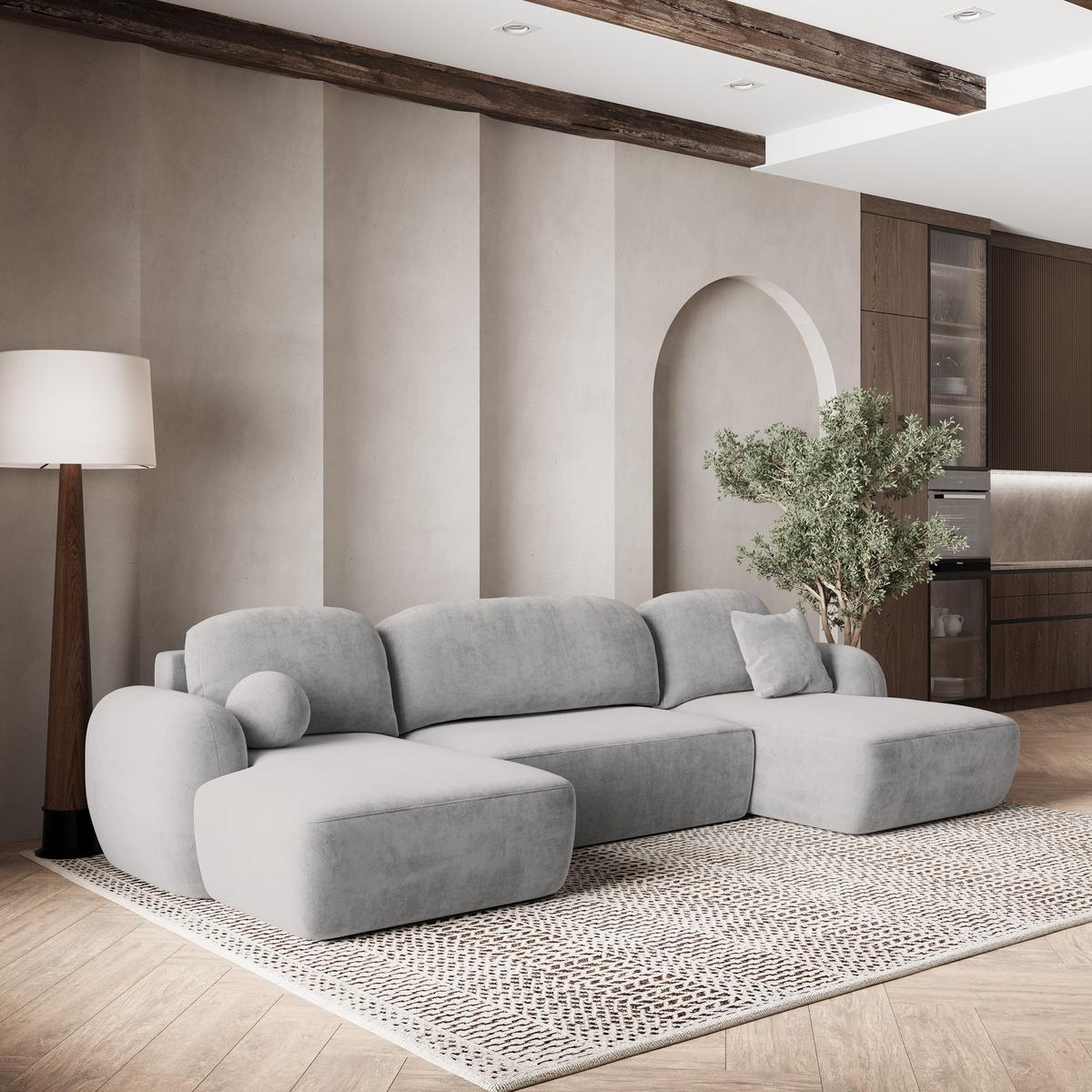 WOHNLANDSCHAFT SAVONA K Hellgrau Plüsch-Stoff mit Schlaffunktion - Hellgrau/Schwarz, Holz/Kunststoff (320/90/148cm) - MASSENO