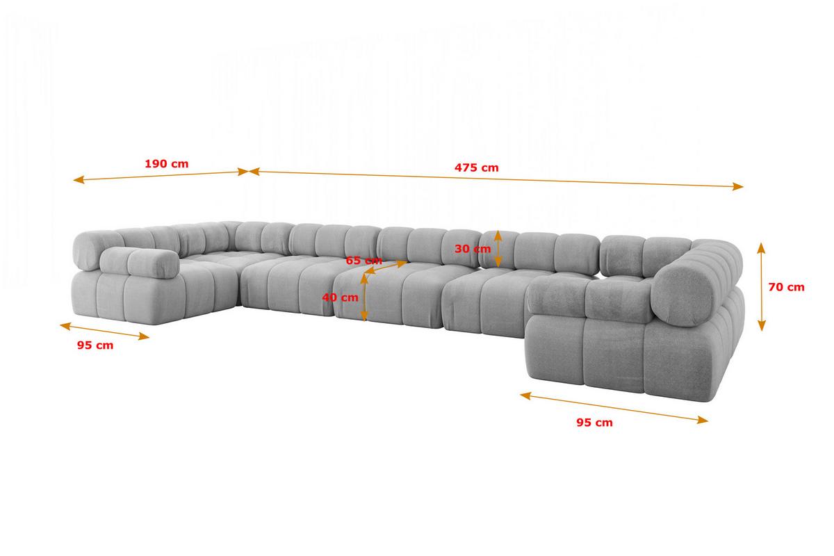 WOHNLANDSCHAFT modulares Sofa Birno-U3 - 475x190x70 cm Hellgrau Velours - Hellgrau, Holzwerkstoff/Textil (475/70/190cm) - ALTDECOR