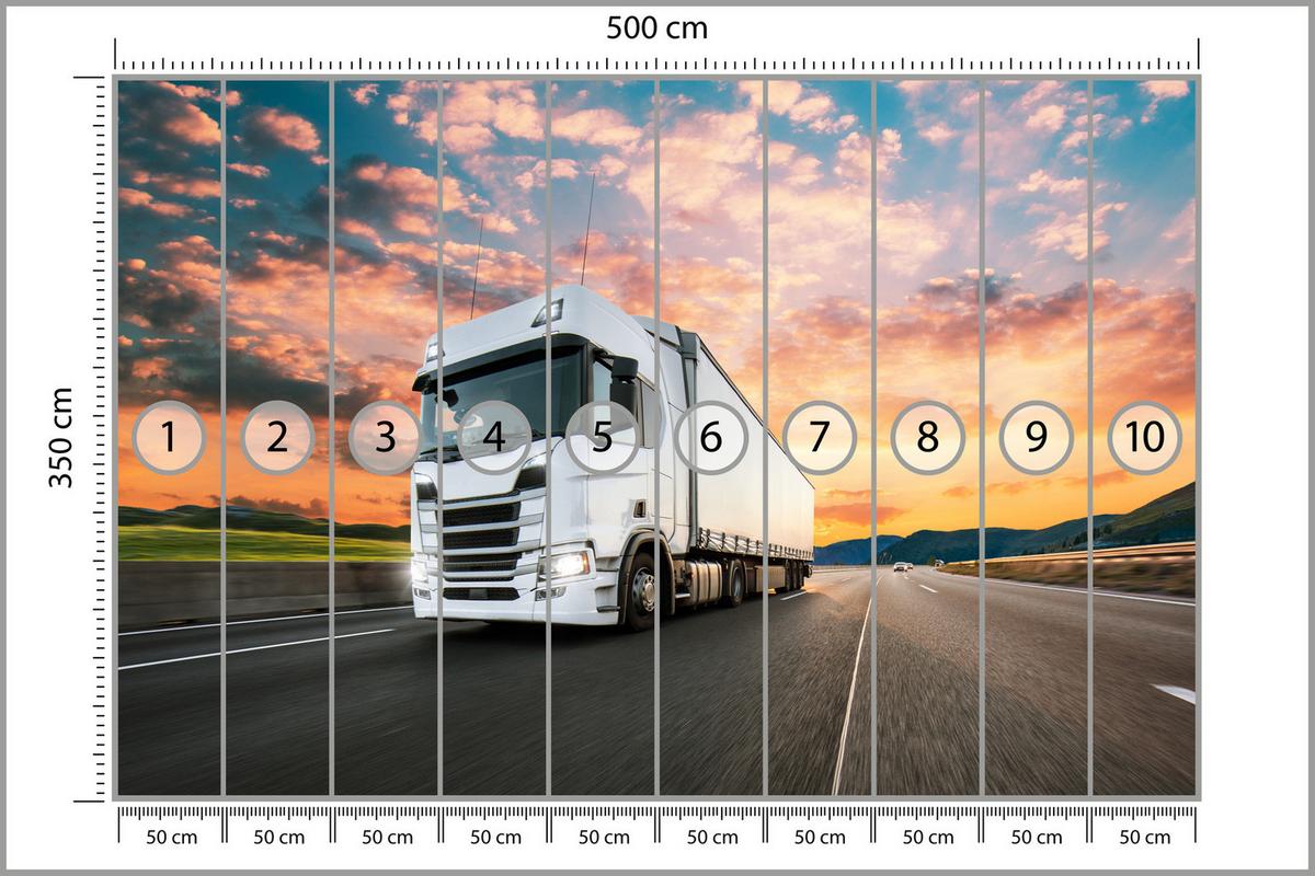 FOTOTAPETE Ein Lastwagen Autobahn Sonnenuntergang Berge 500x350 - Rosa/Orange, Papier (500/350cm) - Muralo