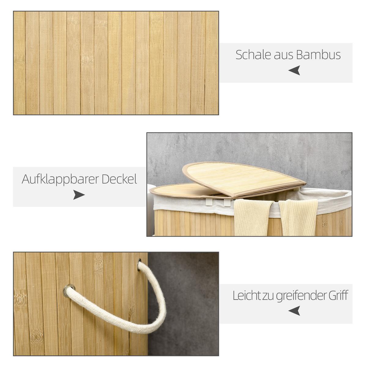 WÄSCHEKORB 100L Wäschebox mit Deckel, Griff, 2 Abschnitten Bambus Natur - Naturfarben, Naturmaterialien (37/60.5/62.5cm) - HOMCOM