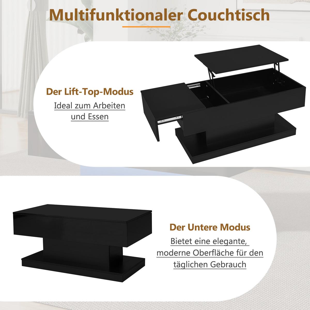 COUCHTISCH Hochglanz Schwarz mit LED Liftfunktion & Stauraum 100×50 cm - Weiß, Holzwerkstoff (50/100/45cm) - Urban Meuble