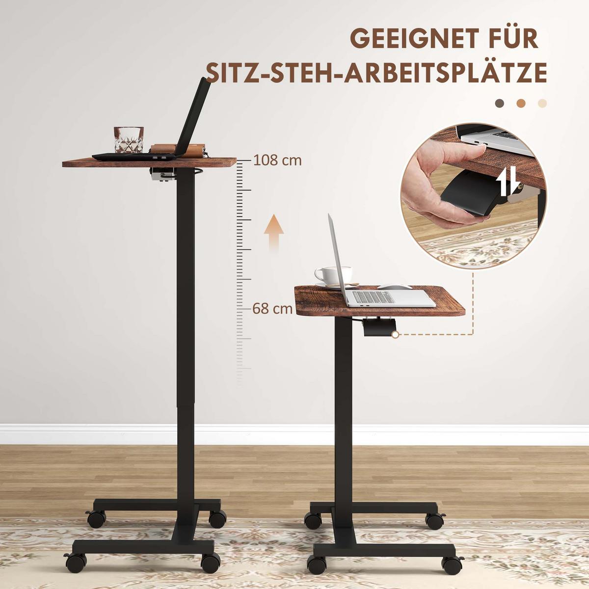 COMPUTERTISCH Höhenverstellbar, Laptoptisch mit Rollen, Steh-Sitz Schreibtisch - Braun, Kunststoff (65/48/108cm) - Vinsetto