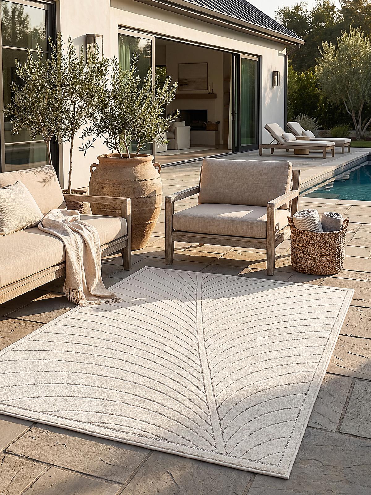 TEPPICH Outdoor, Fußbodenheizung-geeignet, mit Blattmotiv, aus Polypropylen, ENGADIN in Creme, 120 x 170 cm - Beige, Textil (120/170cm) - KADIMA DESIGN