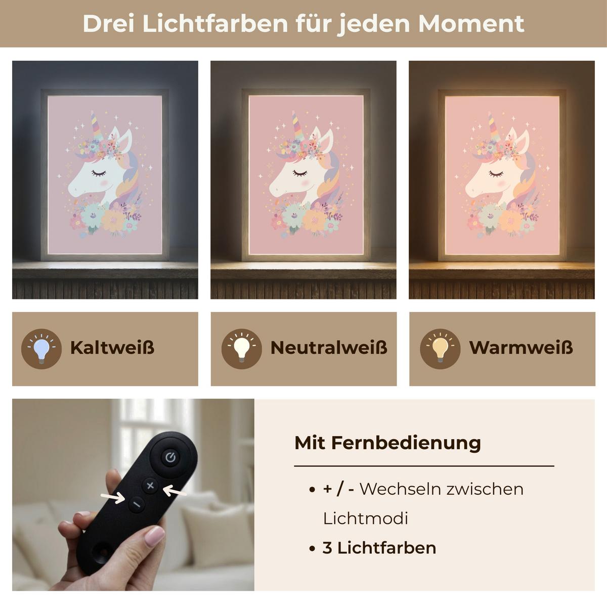 NACHTTISCHLAMPE MIT AKKU Einhorn - Rosa - Blumen 30x40 cm - Rosa, Holzwerkstoff (8/30/40cm) - OnlyWow