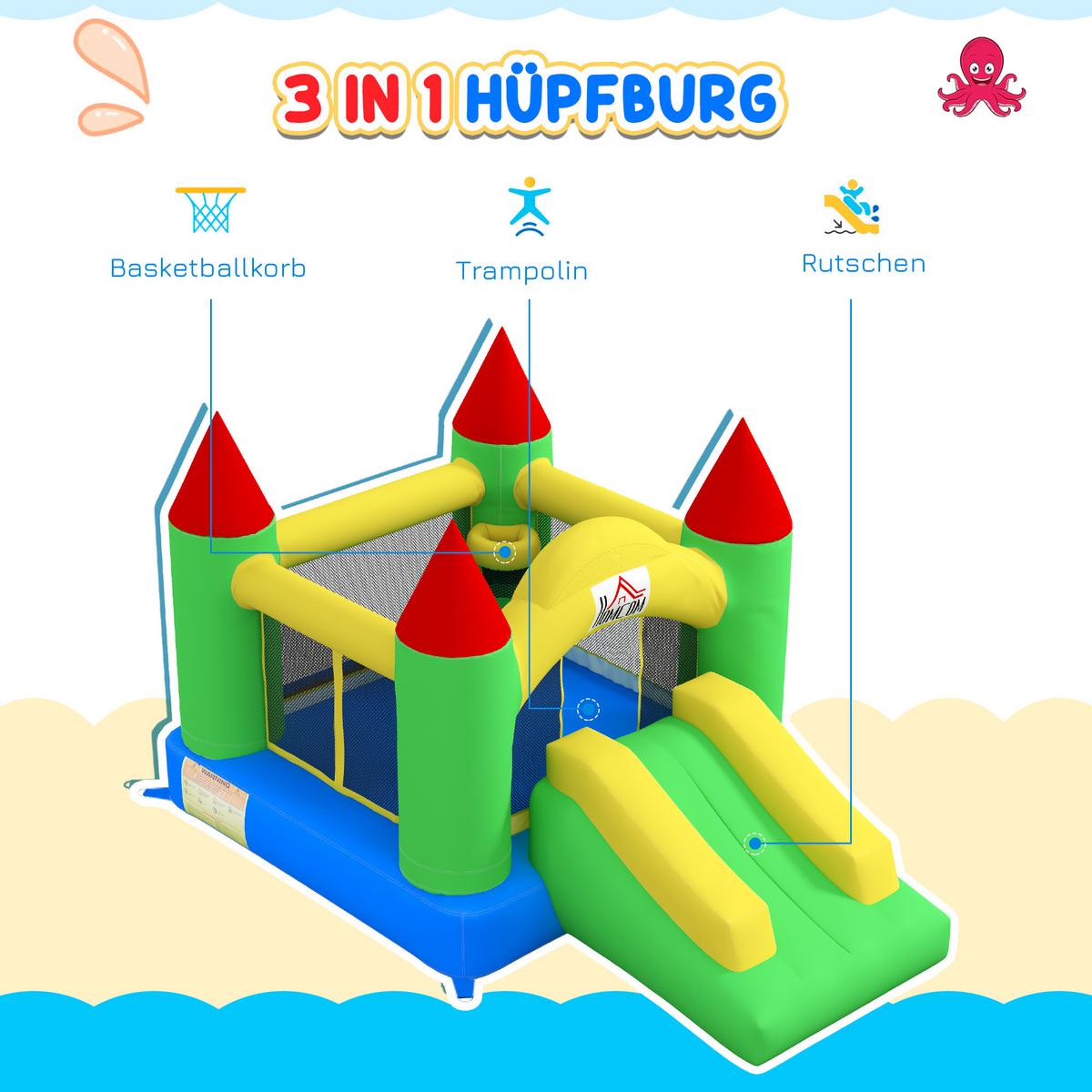 AUFBLASBARE Hüpfburg mit Gebläse, Outdoor Spielburg mit Rutsche, Trampolin - Multicolor, Kunststoff (300/180/160cm) - HOMCOM