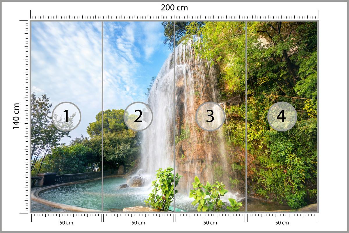 FOTOTAPETE für Wohnzimmer Wasserfall Nizza Felsen Pflanzen Bäume 200x140 - Blau/Beige, Papier (200/140cm) - Muralo