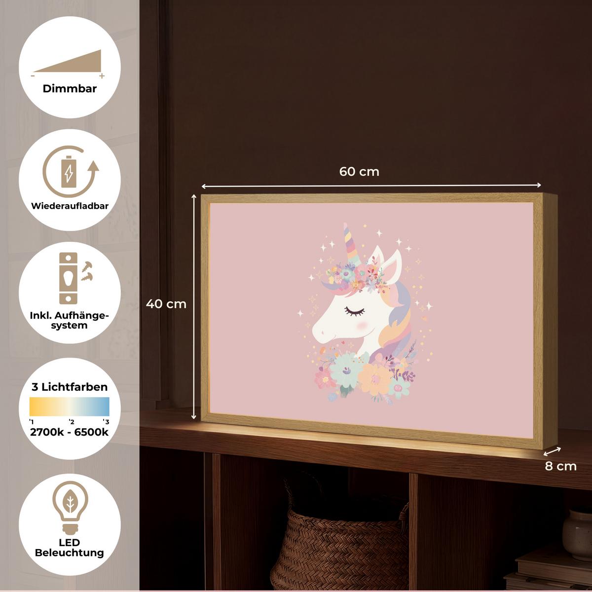 NACHTTISCHLAMPE MIT AKKU Einhorn - Rosa - Blumen 60x40 cm - Rosa, Holzwerkstoff (8/60/40cm) - OnlyWow
