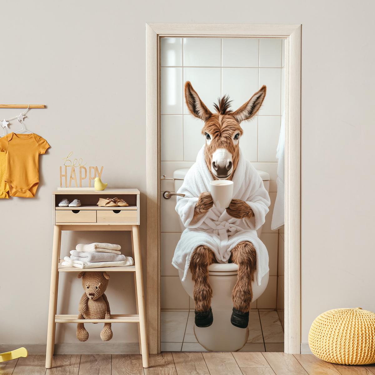 TÜRAUFKLEBER Esel - WC - Lustig - Bademantel - Tier 90x215 cm - Türtapete - Beige, Kunststoff (90/0.1cm) - MuchoWow