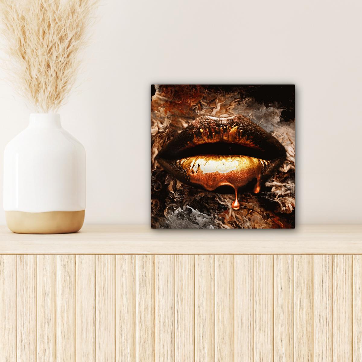 LEINWANDBILD Gold - Lippen - Kunst - Gold - Luxus - Abstrakt Deko Wohnzimmer 20x20 cm - Kupferfarben, Textil (20/20cm) - MuchoWow