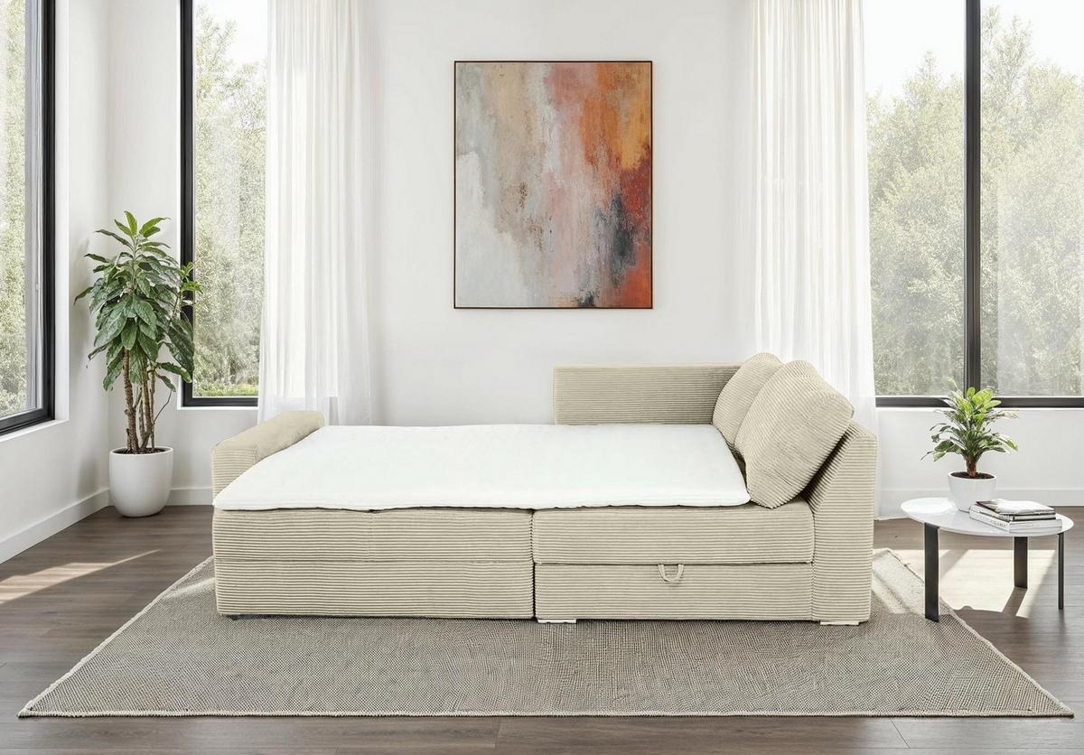 ECKSOFA-DAUERSCHLÄFER Boxspring Federkern Topper Bettkasten, seitenverkehrt montierbar B260/T181/H88 cm, Cord Beige Grau / 15235 - Chromfarben/Greige, Textil/Metall (260/181cm) - luma-home