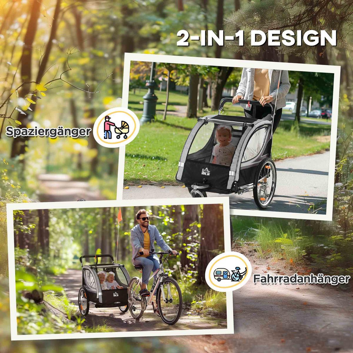 KINDERFAHRRADANHÄNGER, Stahl, Polyester, Grau+Schwarz - Grau, Kunststoff (75/101/142cm) - HOMCOM