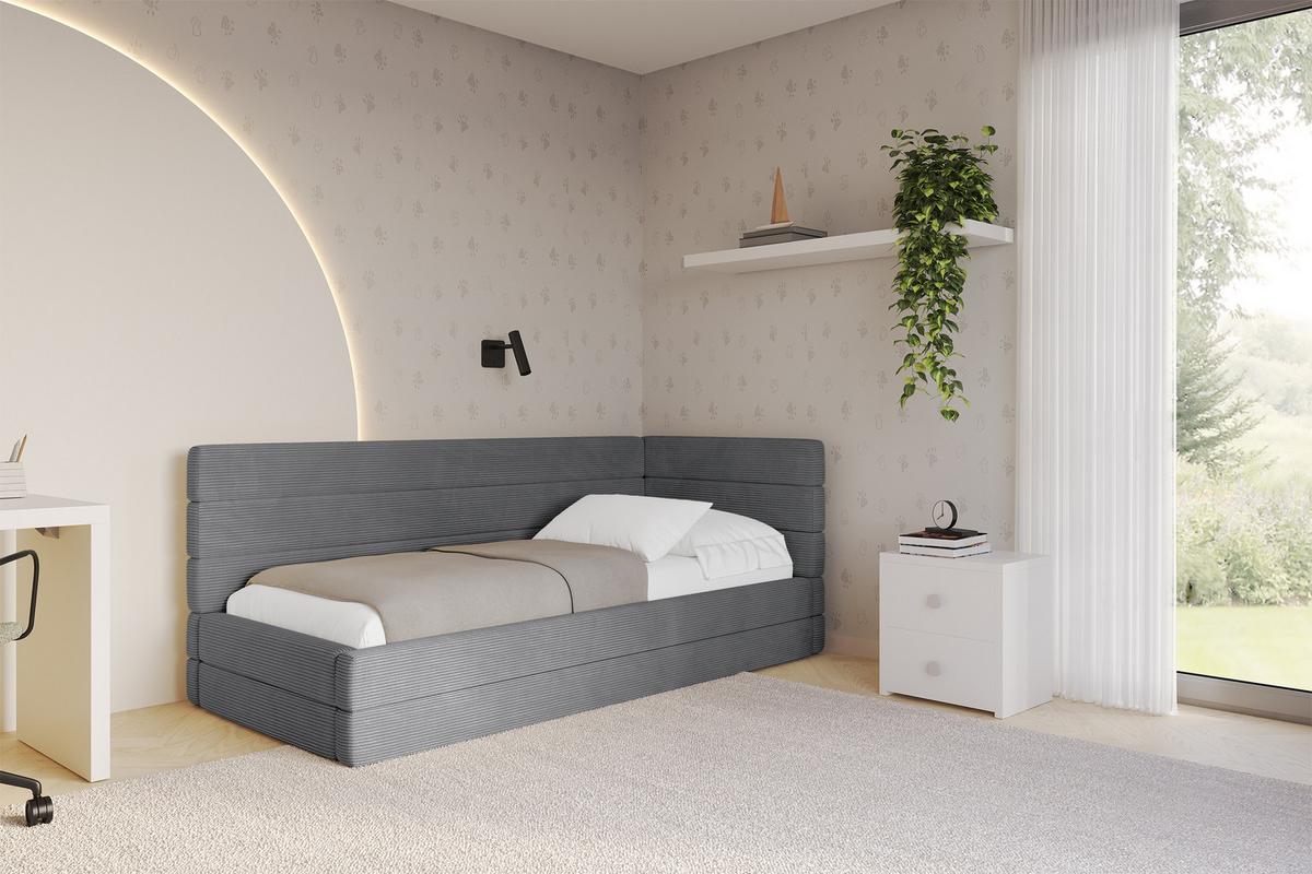 EINZELLBETT Jugendbett mit Bettkasten und Matratze H3/H4, Links - BEMY 100x200 Dunkelgrau - Graphitfarben, Holzwerkstoff/Textil (100/200cm) - ALTDECOR