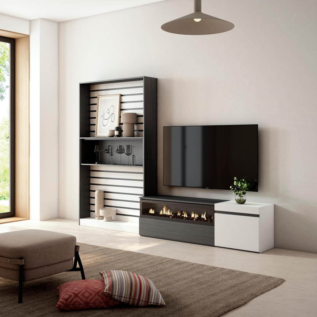WOHNWAND Elektrokamin, weiß, schwarz, 260/35/186cm - Schwarz/Weiß, Holzwerkstoff (260/186/35cm) - Skraut Home