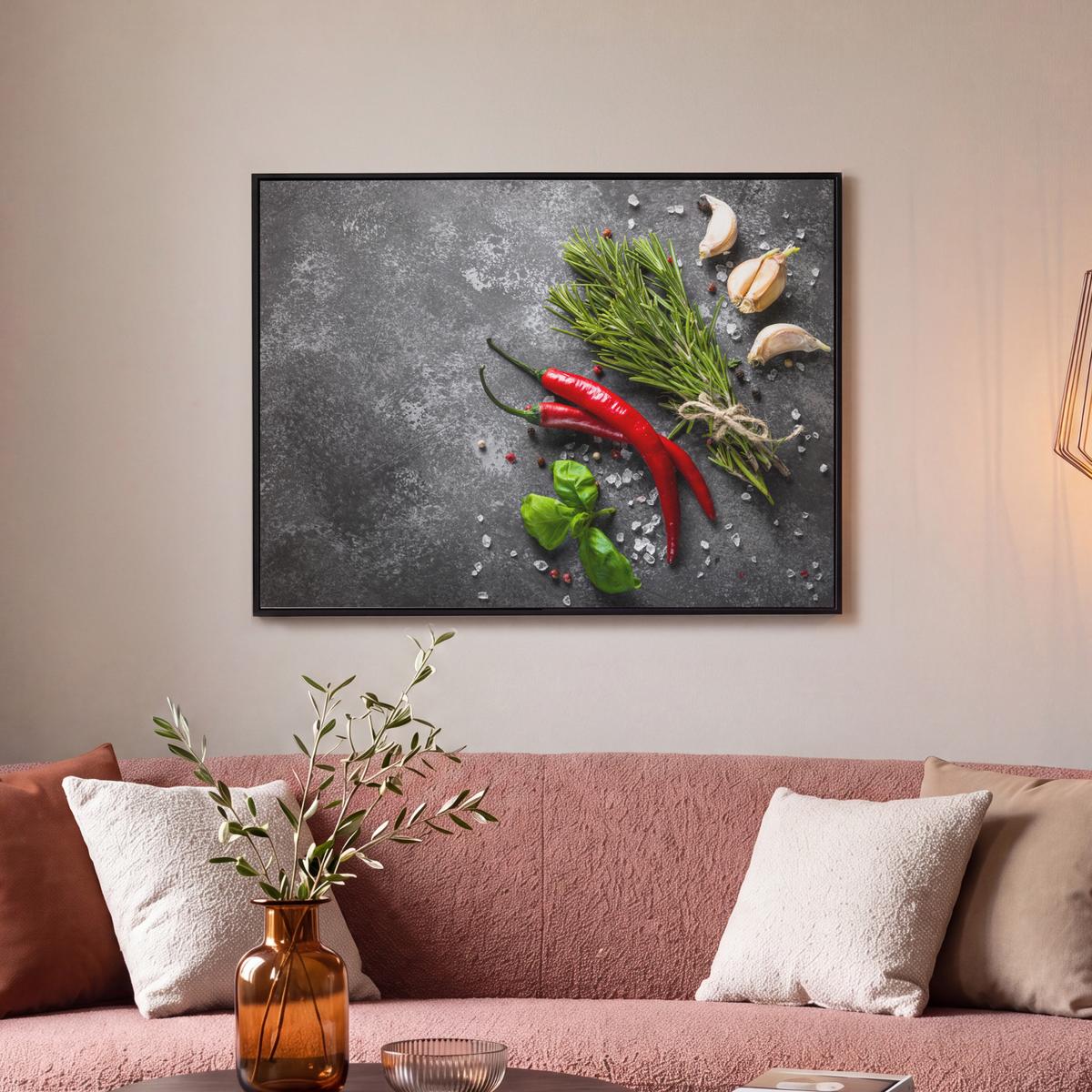 LEINWAND Bilder mit Rahmen - Pfeffer - Kräuter - Gewürze - Beton - 70x50 - Dunkelgrau, Textil (70/50cm) - MuchoWow