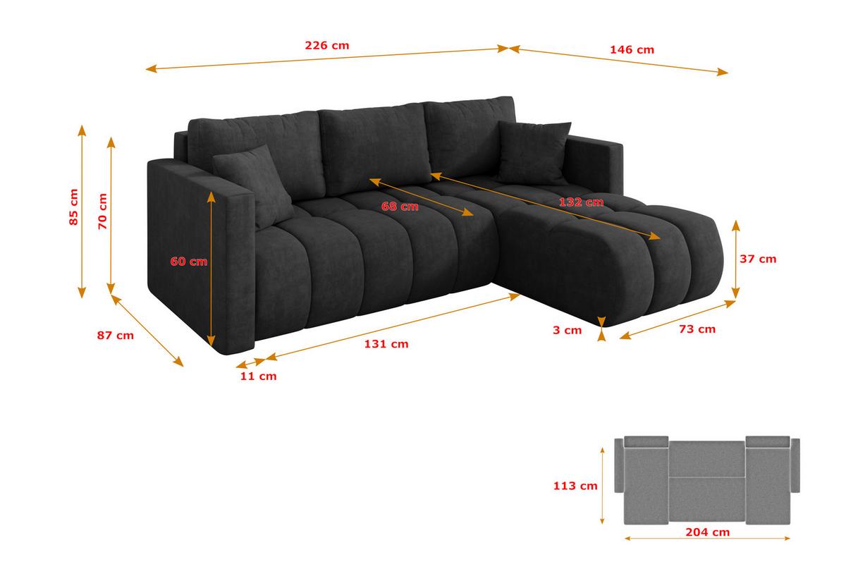 ECKSOFA mit Schlaffunktion Ottomane Rechts GARD-L 226x146x85 Dunkelgrau Velours - Anthrazit/Schwarz, Holzwerkstoff/Kunststoff (226/146cm) - ALTDECOR