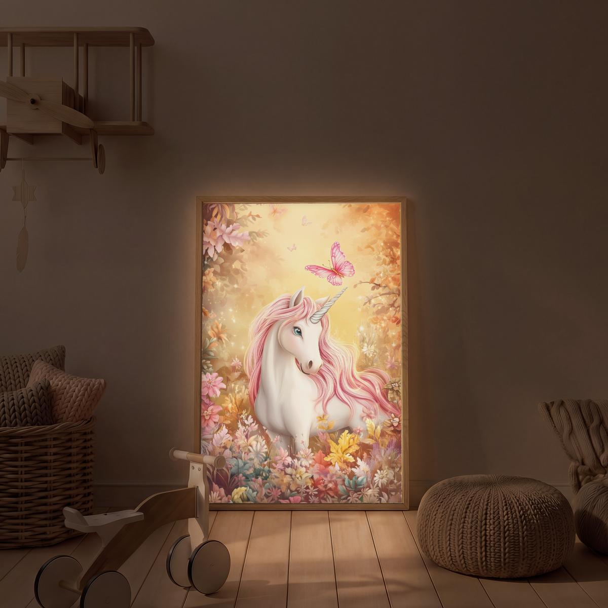 WANDLEUCHTE MIT AKKU Einhorn - Blumen - Schmetterling - Rosa 60x90 cm - Beige, Holzwerkstoff (60/90/8cm) - OnlyWow