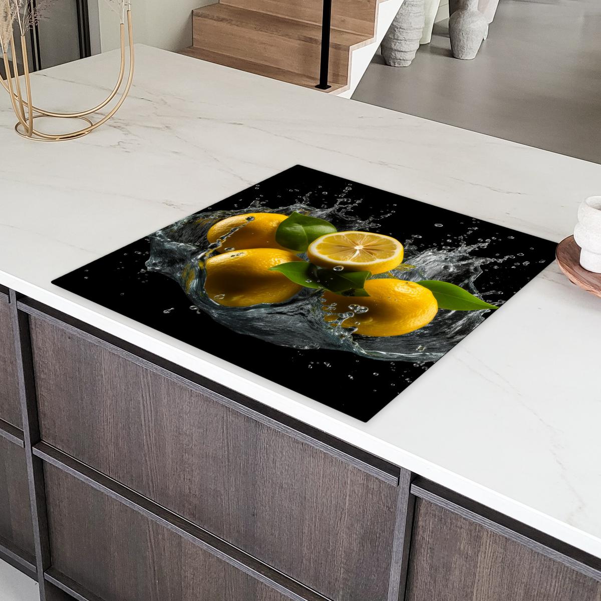HERDABDECKPLATTE Zitrone - Obst - Gelb - Schwarz Induktionsmatte 78x78 cm - Gelb, Kunststoff (78/78/0.2cm) - MuchoWow