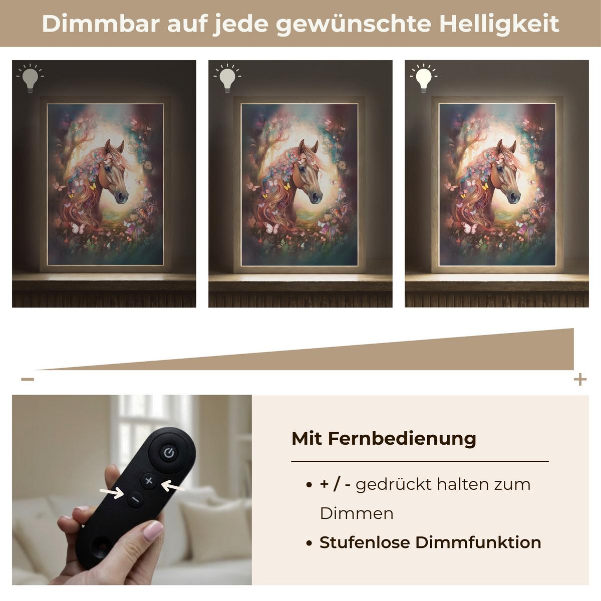 WANDLEUCHTE MIT AKKU Pferd - Natur - Blumen - Schmetterlinge - Wald 30x40 cm - Dunkelbraun, Holzwerkstoff (30/40/8cm) - OnlyWow