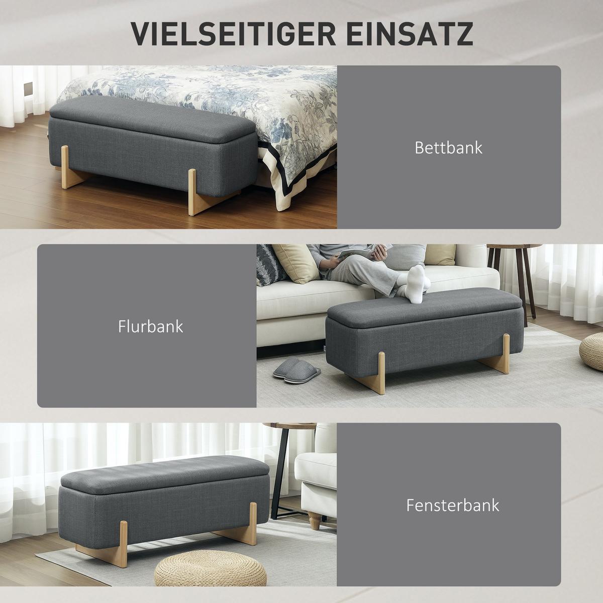 HOMCOM Sitzbank mit verstecktem Stauraum, gepolsterter Sitzfläche in Leinenoptik, Sicherheits-Scharniere, Holzbeine, Dunkelgrau - Dunkelgrau, Holz/Textil (44/44.5/111cm) - HOMCOM