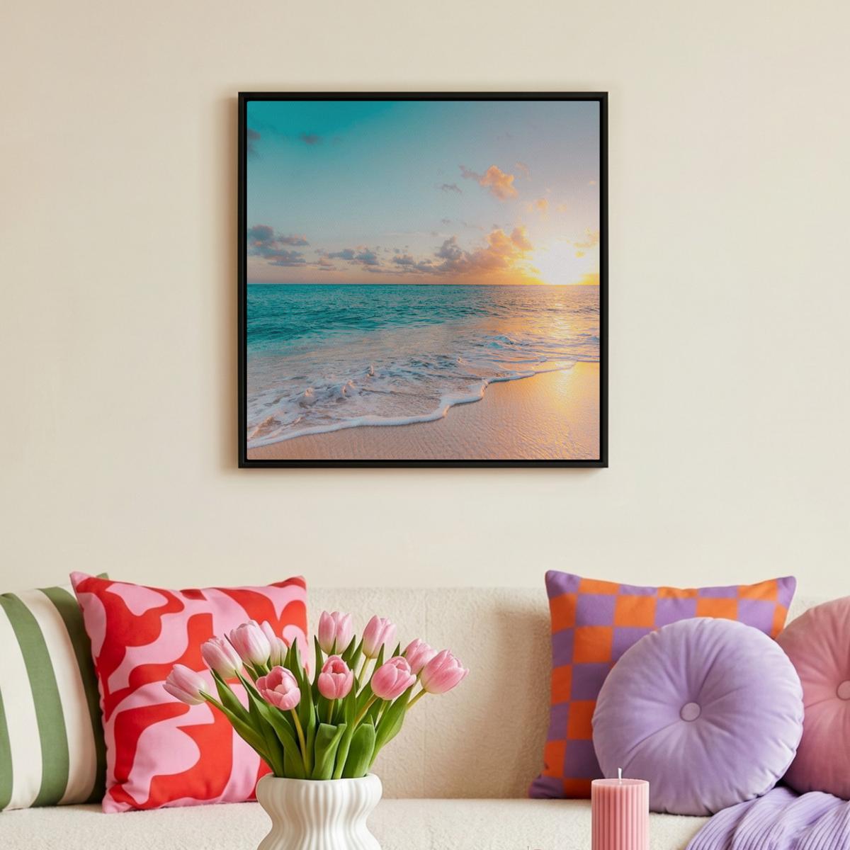 LEINWAND Bilder mit Rahmen - Sonnenuntergang - Strand - Meer - Sommer - Blau - 50x50 - Multicolor, Textil (50/50cm) - MuchoWow