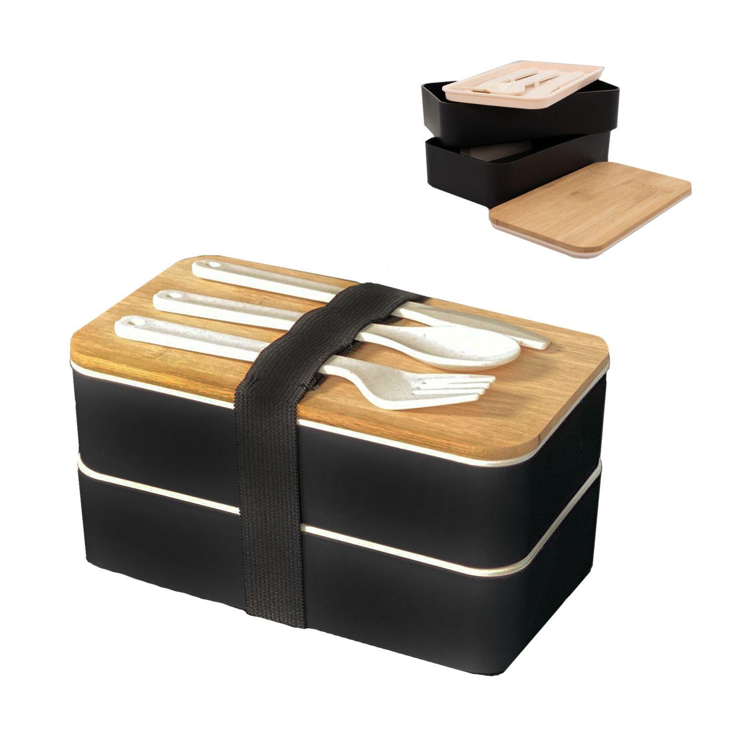 LUNCH BROTBOX mit Messer Gabel Löffel - Schwarz, Naturmaterialen (10.5/9.3/18.5cm) - Intirilife
