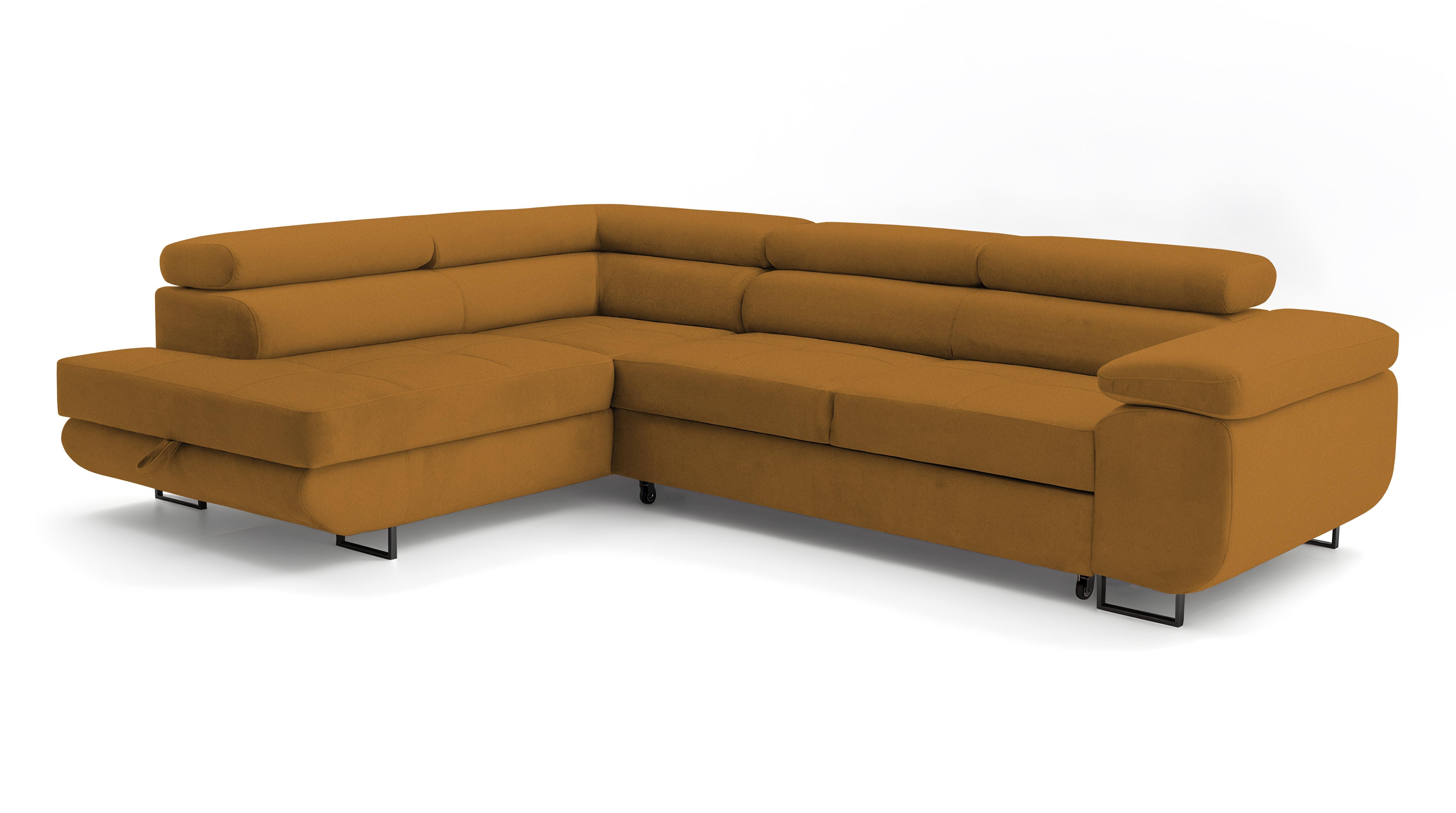 ECKSOFA Velmo mit Bettkasten und Schlaffunktion, verstellbaren Kopfstützen, in L-Form - Goldfarben, Textil (275/203cm)
