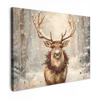 LEINWANDBILD Weihnachten - Rentier - Winter - Kranz Wandbild 40x30 cm - Naturfarben, Textil (40/30cm) - MuchoWow