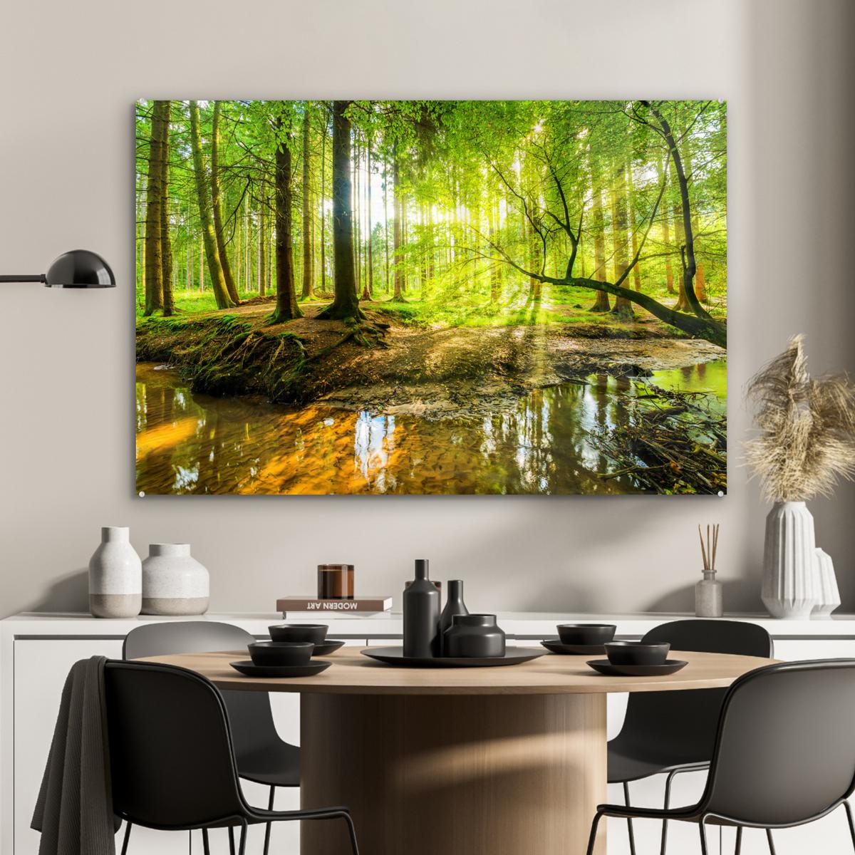 ACRYLGLASBILD Wald - Landschaft - Wasser - Bäume - Sonne - Grün - Natur Room Decor 90x60 cm - Grün, Glas (90/60cm) - MuchoWow