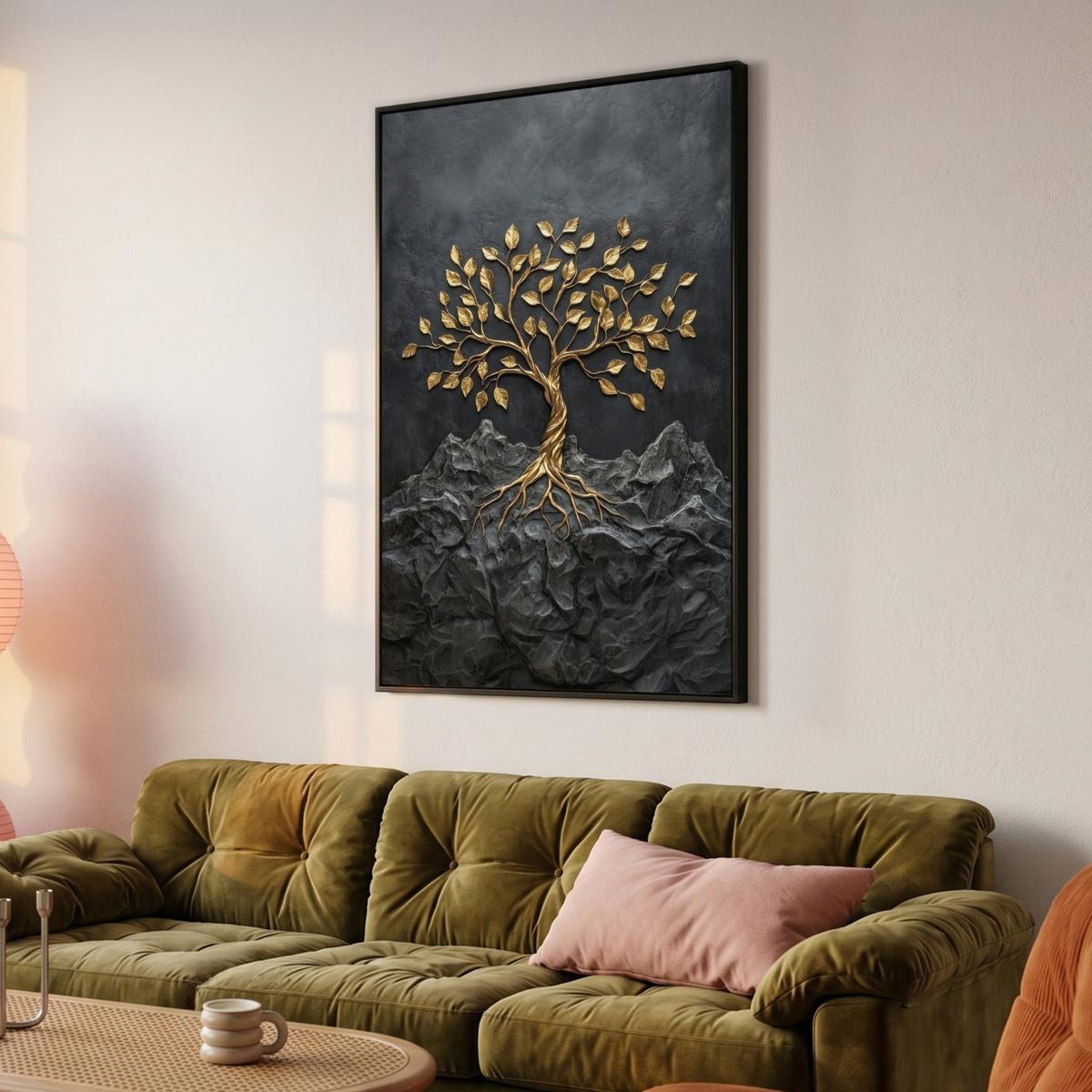 LEINWAND Bilder mit Rahmen - Blätter - Gold - Baum - Fels - 80x120 - Schwarz, Textil (80/120cm) - MuchoWow
