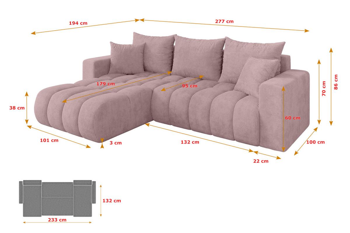 ECKSOFA mit Schlaffunktion Ottomane Links MILA-L-v1 277x195x86 Rosa Cord - Schwarz/Rosa, Holzwerkstoff/Kunststoff (277/194cm) - ALTDECOR