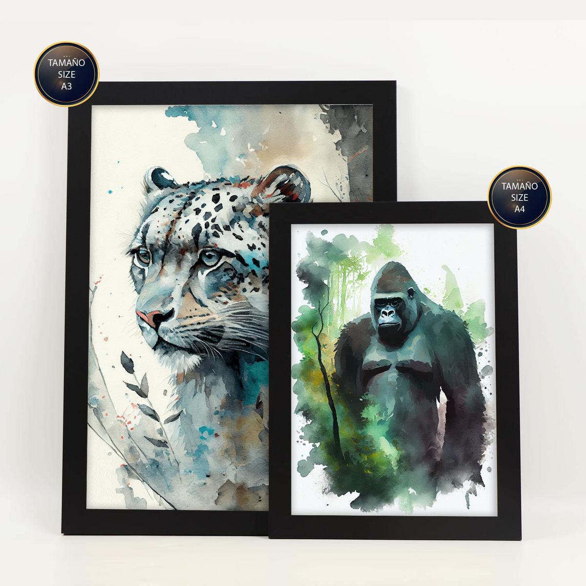 POSTER Set Mit 6 Norden Und Süden Illustrationen Von Tieren In Naturlandschaften, Realistischer Aquarellstil Innenarchitektur A3 & A4 Schwarzer Rahmen - Schwarz, Papier (29/3cm) - Nacnic