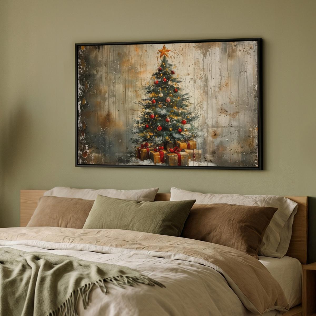 LEINWAND Bilder mit Rahmen - Weihnachtsbaum - Vintage - Weihnachten - Geschenk - 90x60 - Rostfarben, Textil (90/60cm) - MuchoWow