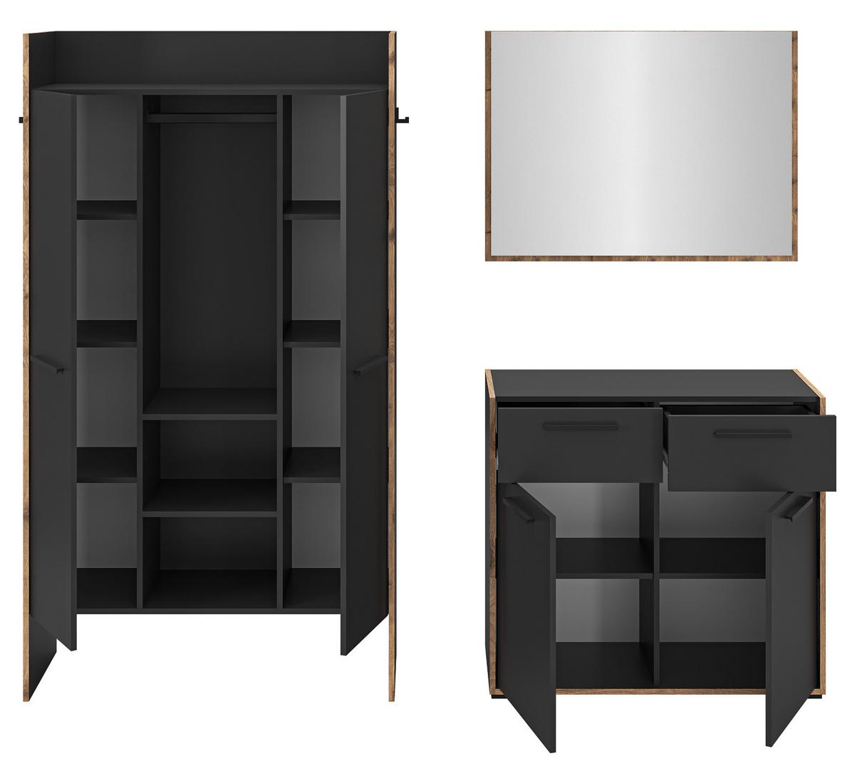 GARDEROBEN-SET 3-teilig grau, Eiche Nox 215 cm, Komplettset mit viel Stauraum - Eichefarben/Schwarz, Glas/Holzwerkstoff (215/189/37cm) - Inn.Furn
