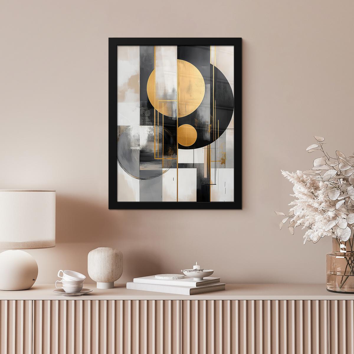 POSTER MIT RAHMEN Abstrakt - Gold - Silber - Formen - Ästhetisch - Modern Bilderrahmen 30x40 cm - Goldfarben, Papier (30/40cm) - MuchoWow