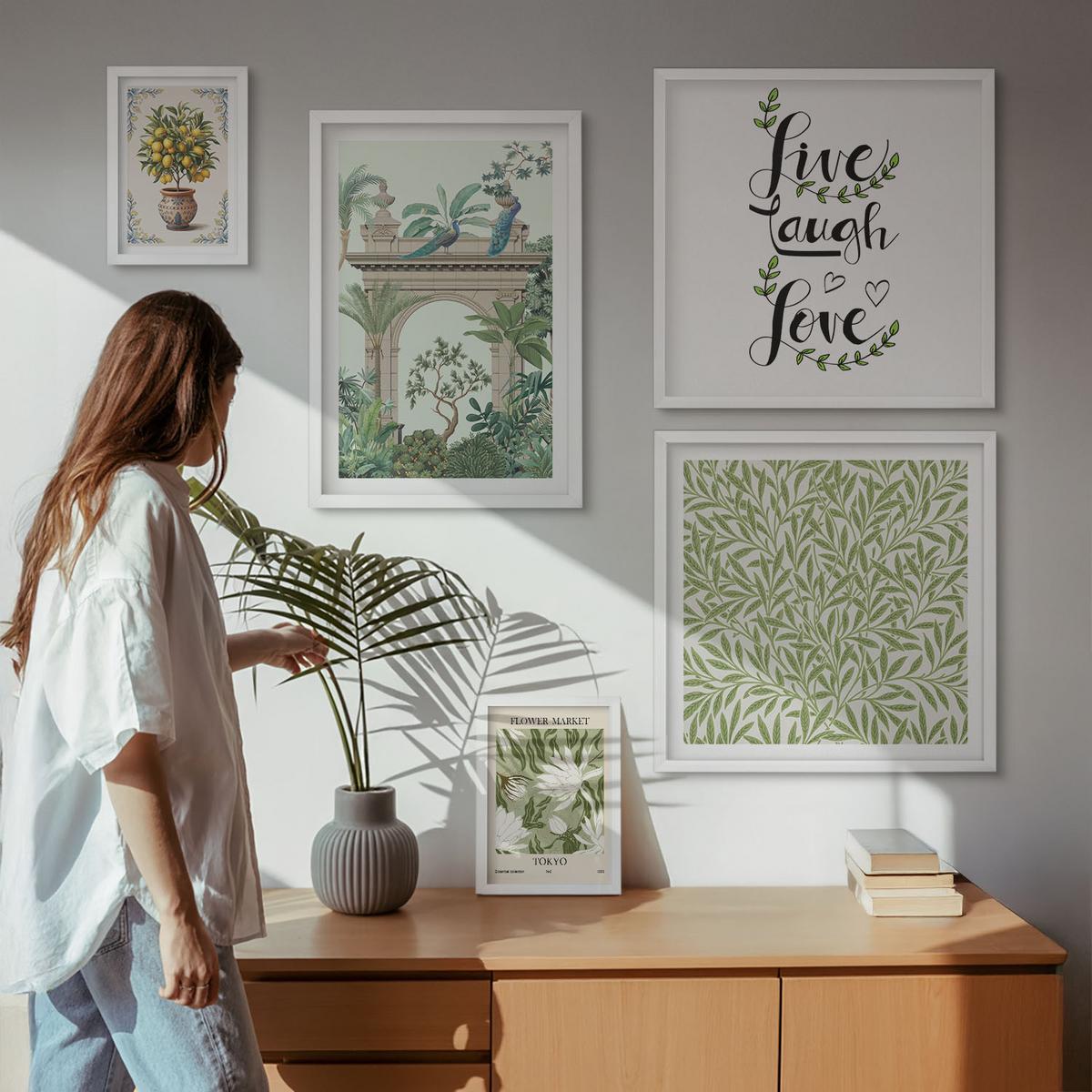 BILDER SET 5er Set - 50x50 cm & 20x30 cm & 40x60 cm Weißer Rahmen - Grüne Blätter exotischer Pflanzen - Weiß, Kunststoff (40/60cm) - TULUP