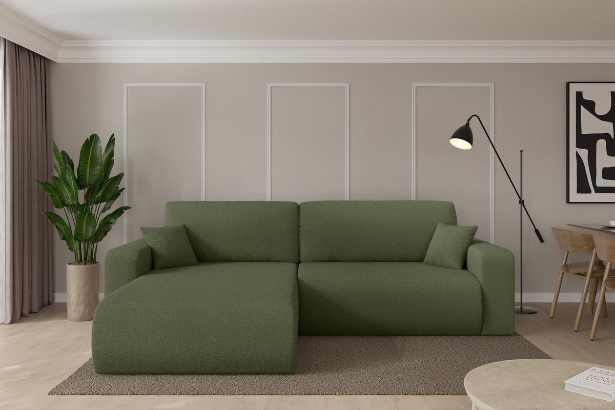 ECKSOFA mit Schlaffunktion Ottomane Links BERY-L 276x193x88 Grün Bouclé - Schwarz/Olivgrün, Holzwerkstoff/Kunststoff (276/193cm) - ALTDECOR