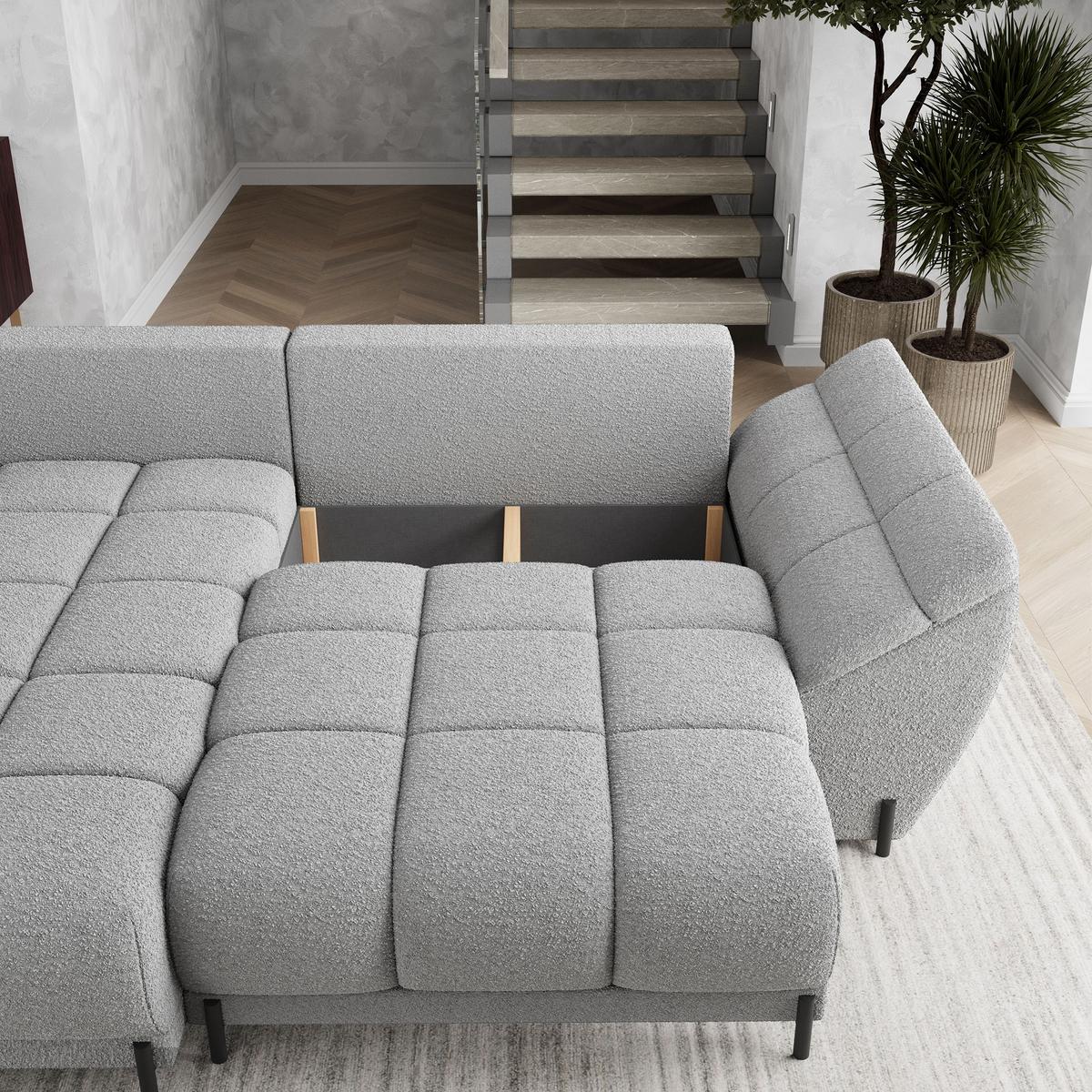 ECKSOFA VESTANO L-S Hellgrau Boucle-Stoff mit Schlaffunktion - Hellgrau, Holz (287/182cm) - MASSENO