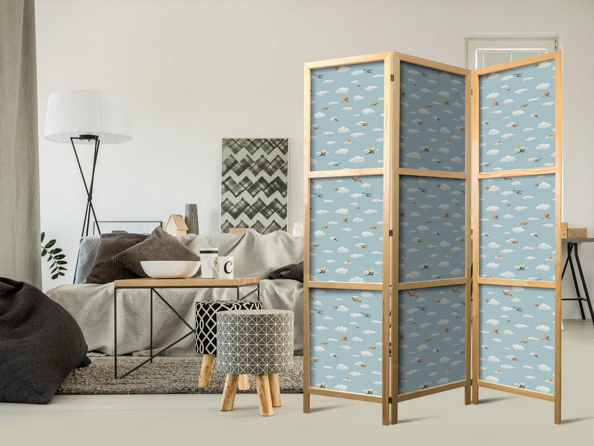 PARAVENT Japanischer 3-tlg 135x172 cm Flugzeuge Wolken - Blau, Holz/Textil (135/172/3cm) - Muralo