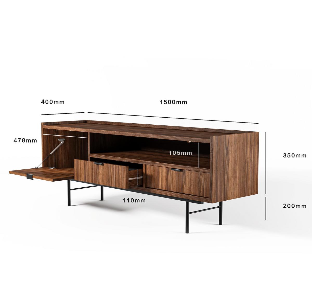 LOWBOARD Nordiva 1T 2S Warmia Walnut 150/55/40 cm – Metallgestell - Walnussfarben/Schwarz, Holzwerkstoff/Metall (155/55/40cm) - AX Living