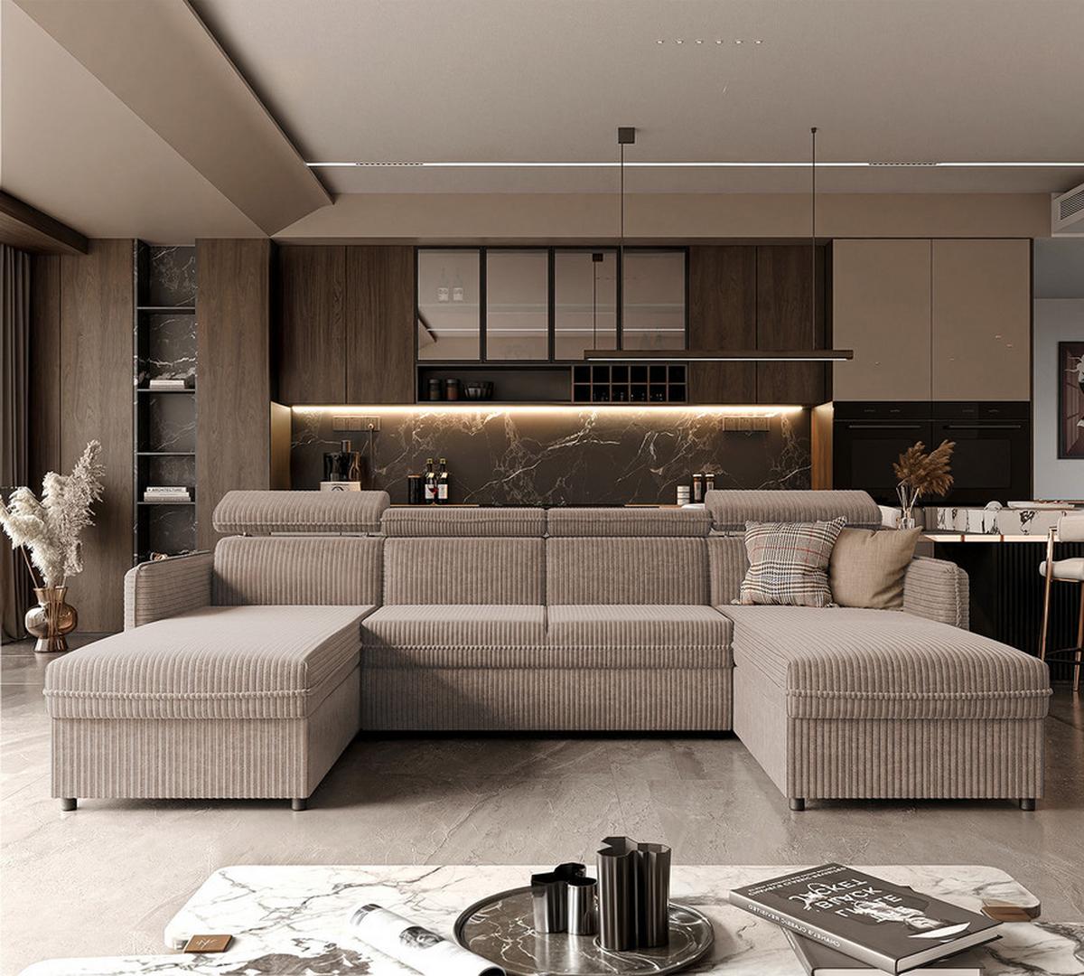 WOHNLANDSCHAFT BENI mit Schlaffunktion und Bettkasten Beige - Beige/Schwarz, Kunststoff/Textil (286/60/166cm) - Idohome