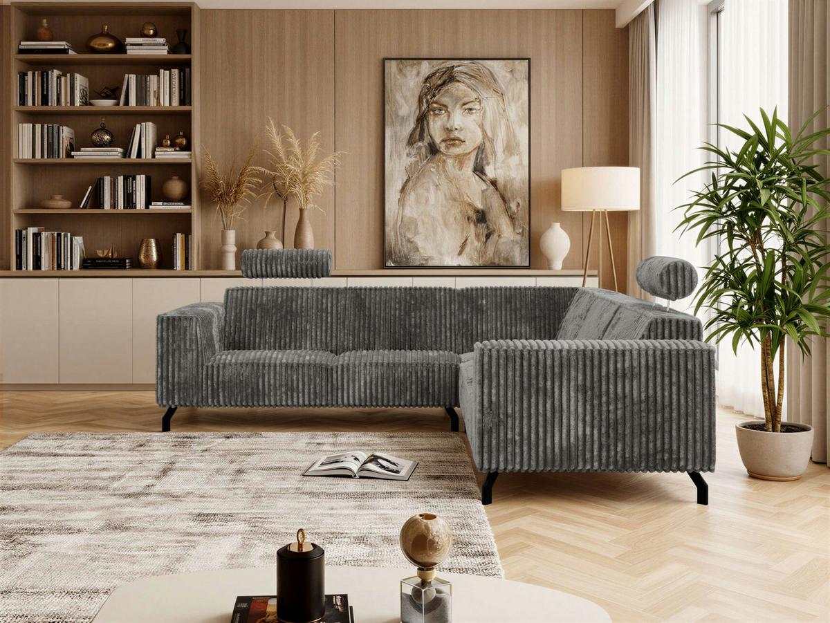 ECKSOFA VESANO L - Grau Cord - Schwarz/Grau, Textil/Metall (260/260cm) - MKS