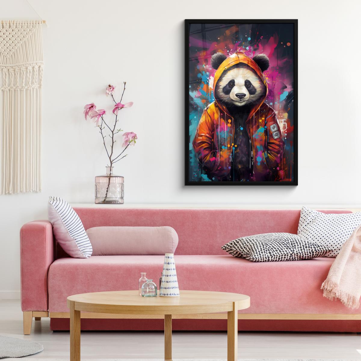 POSTER MIT RAHMENGERAHMTES BILD Panda - Jacke - Graffiti - Orange 60x90 cm - Orange, Papier (60/90cm) - MuchoWow