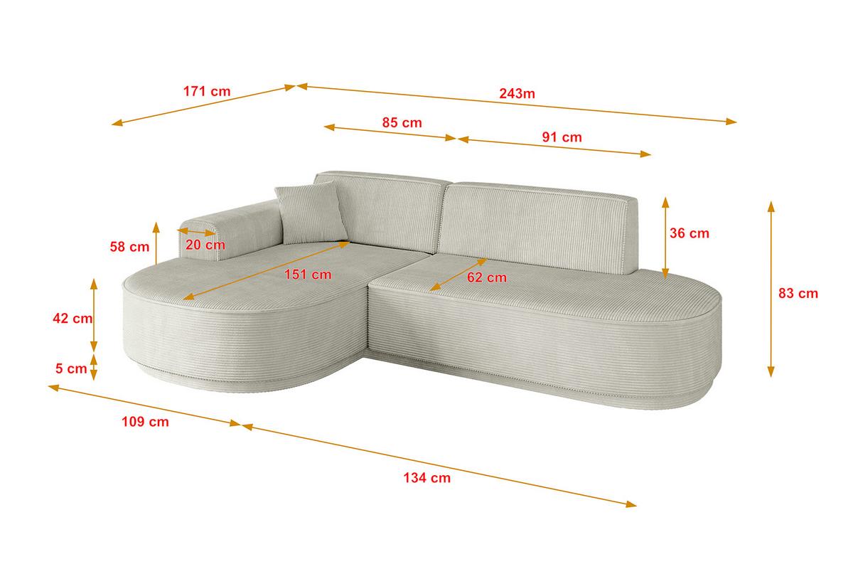 ECKSOFA Ottomane Links MARI-L1-v3 - 243x171x83 cm Creme Cord - Hellgrau/Creme, Holzwerkstoff/Kunststoff (243/171cm) - ALTDECOR