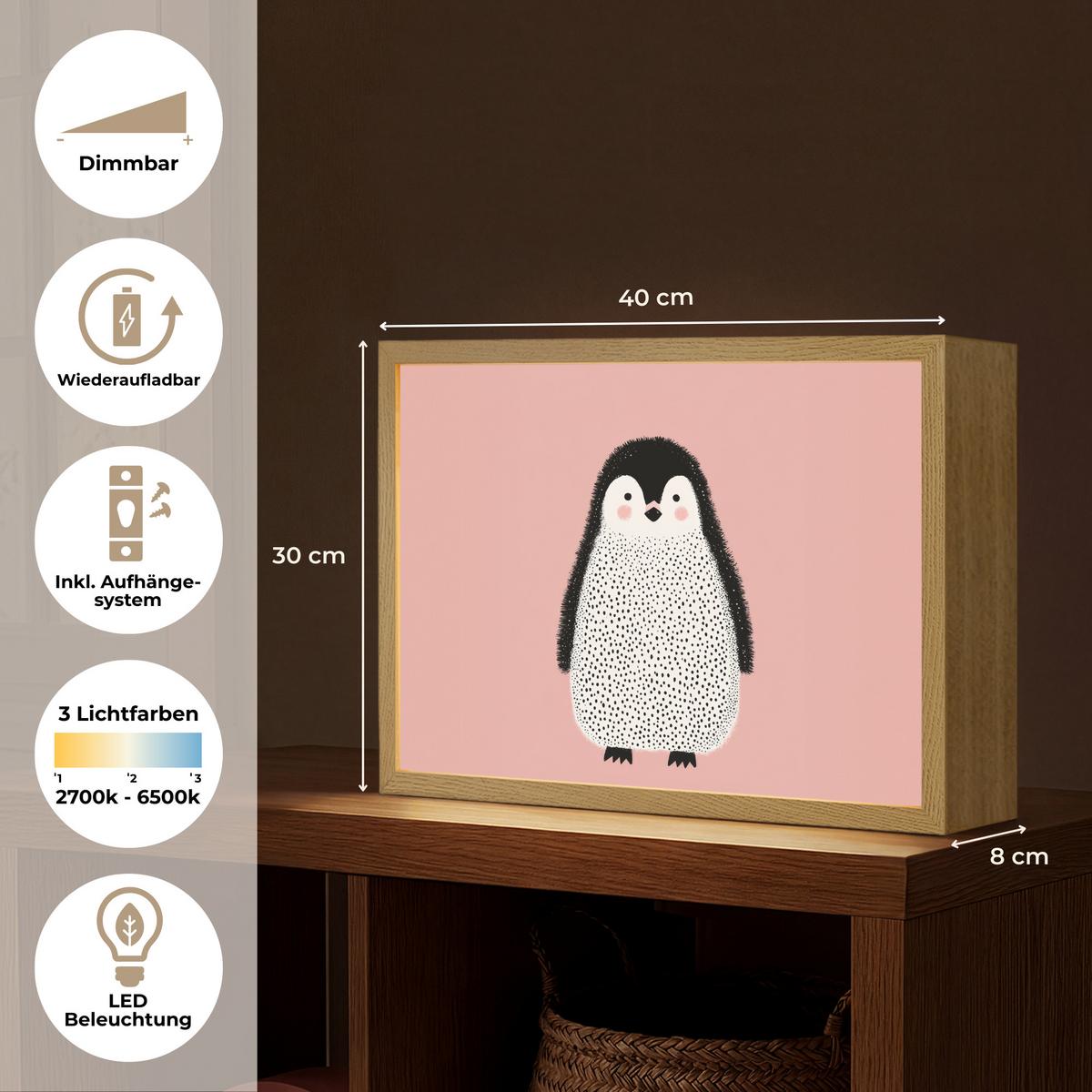 NACHTTISCHLAMPE MIT AKKU Pinguin - Punkte - Minimalistisch - Rosa 40x30 cm - Rosa, Holzwerkstoff (8/40/30cm) - OnlyWow