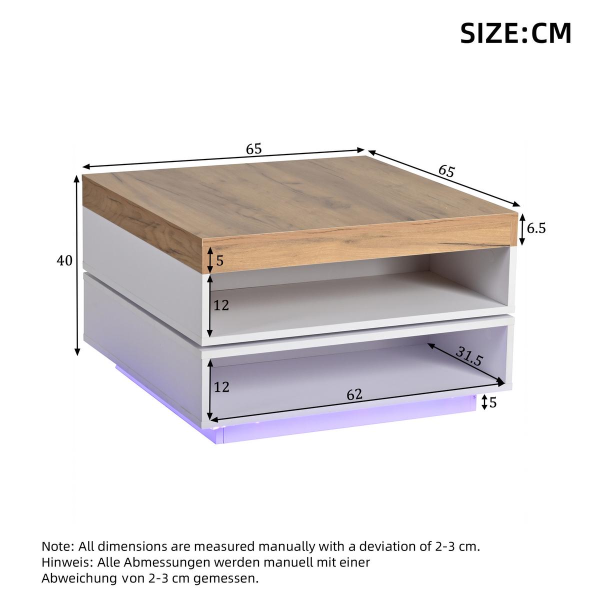 COUCHTISCH weiß & eiche-optik 360° drehbar mit led-beleuchtung - Weiß, Holzwerkstoff (65/65/40cm) - Urban Meuble