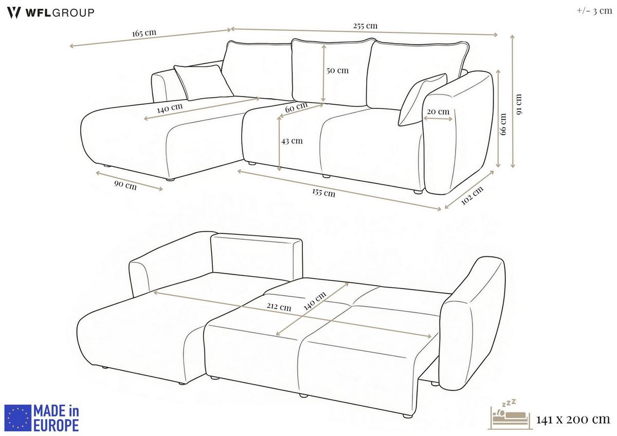 ECKSOFA Fabio mit Bettkasten, Strukturiert Ecru 255/165/91 cm - Ecru/Schwarz, Textil (255/165cm) - WFL GROUP