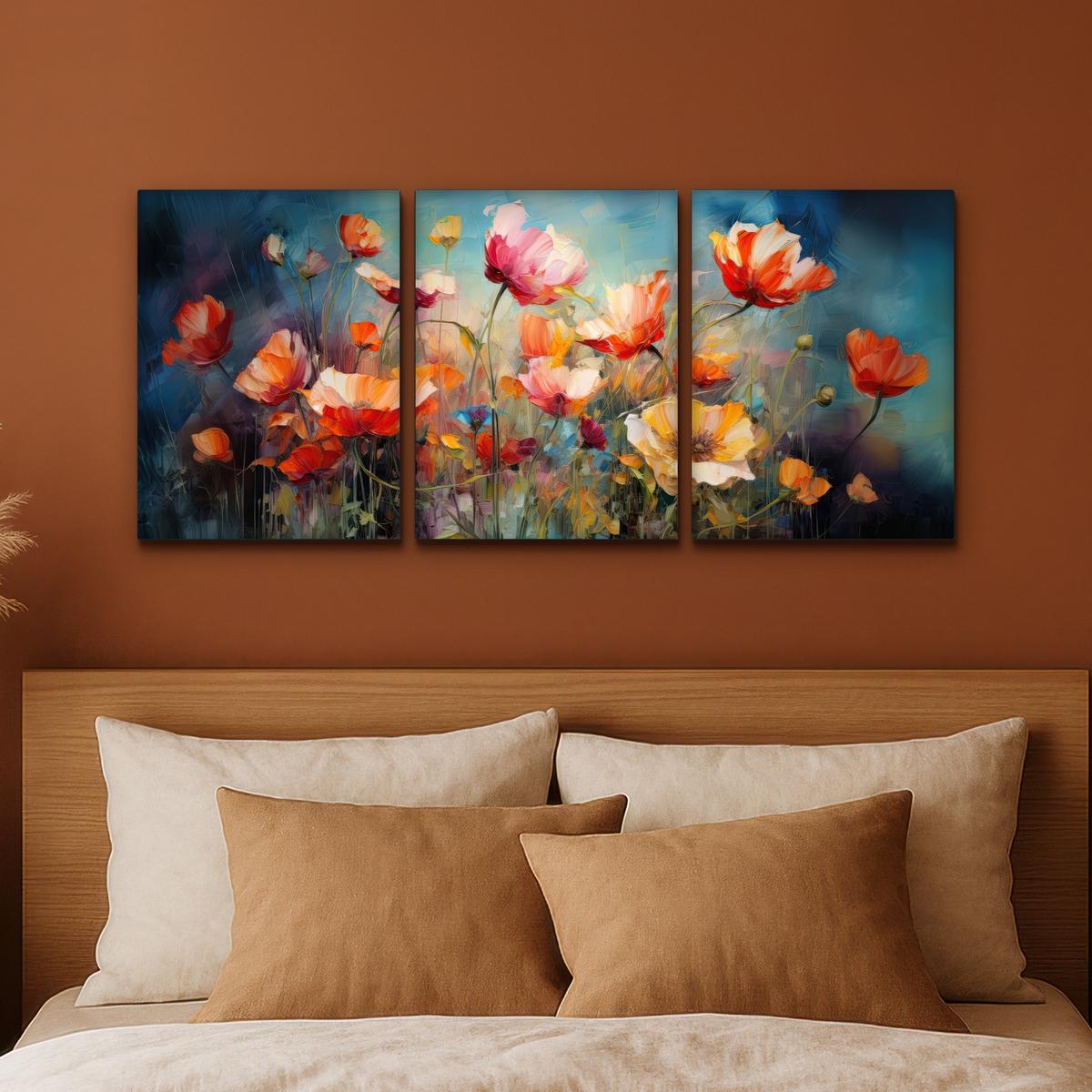 LEINWANDBILD 3er Set Blumen - Bunt - Abstrakt 90x40 cm - Blaugrau, Textil (90/40cm) - MuchoWow