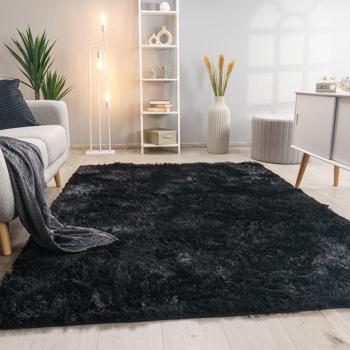 HOCHFLORTEPPICH, einfarbig, aus Polyester, Schwarz, 60 x 100 cm - Schwarz, Textil (60/100cm) - KADIMA DESIGN